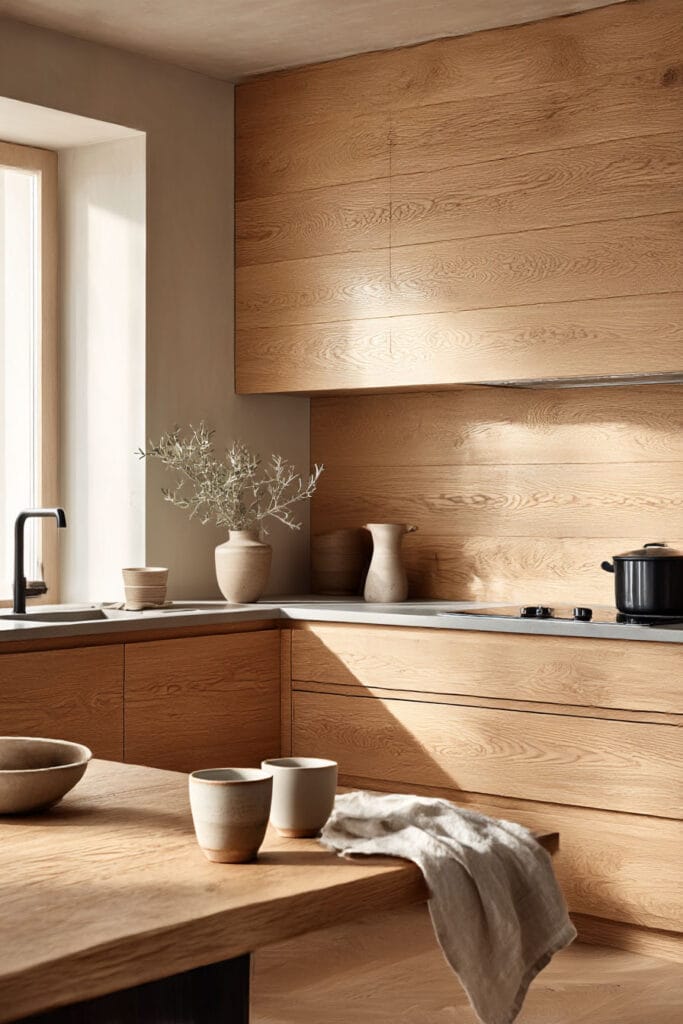 warm wood kitchen cabinets with matching wood backsplash, minimalist design, neutral tones, and organic modern kitchen styling