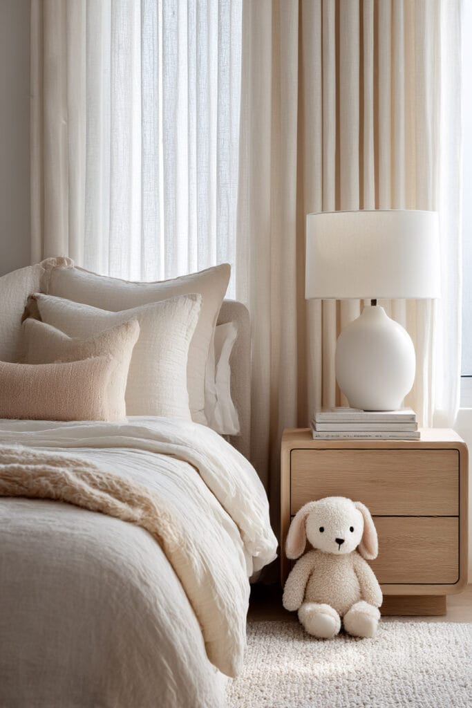 Cozy neutral little girls bedroom with cream bedding, wooden nightstand, soft pillows, plush bunny toy, and warm natural light.