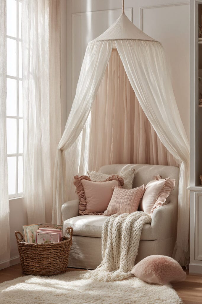 Cozy little girl’s bedroom reading nook with canopy over a chair, blush pillows, knit throw blanket, and basket of children’s books by a window.
