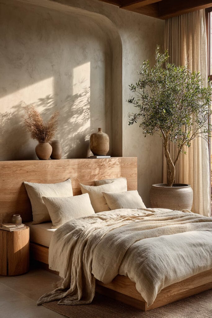 Japandi bedroom with light wood bed, neutral linen bedding, olive tree, plaster wall, and soft natural sunlight