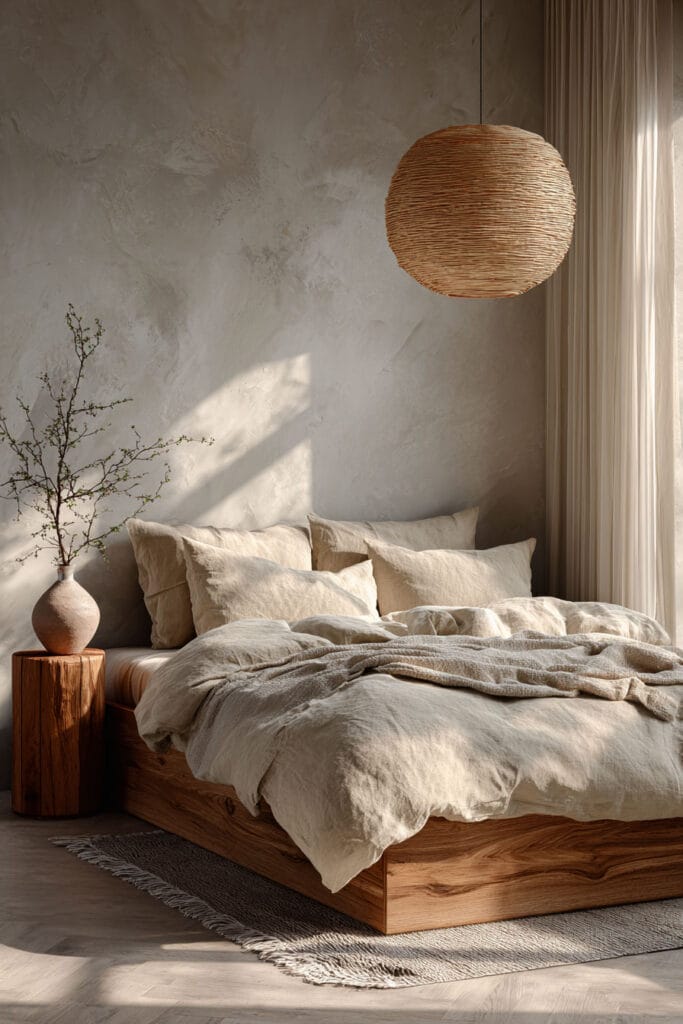 Japandi bedroom with light wood platform bed, neutral linen bedding, rattan pendant light, textured plaster wall, and soft natural sunlight