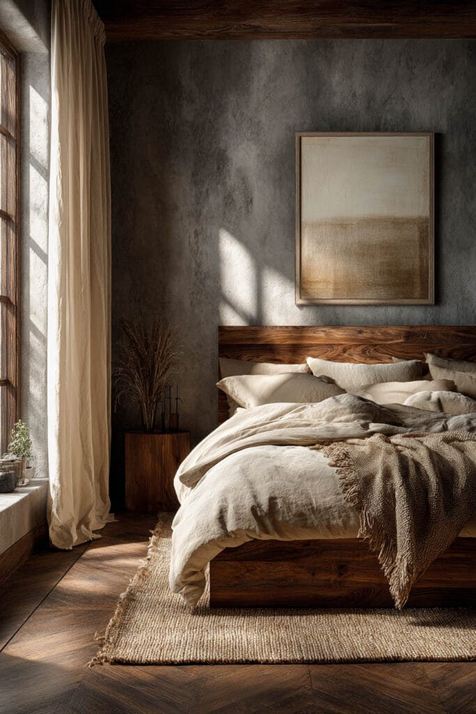 Japandi bedroom with textured plaster wall, dark wood bed frame, neutral linen bedding, woven rug, and soft natural window light
