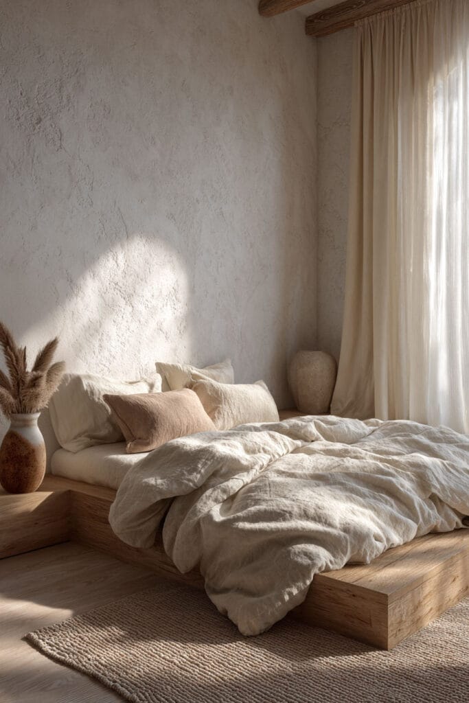 light Japandi bedroom with low wood bed, neutral linen bedding, textured plaster wall, sheer curtains, and soft natural sunlight