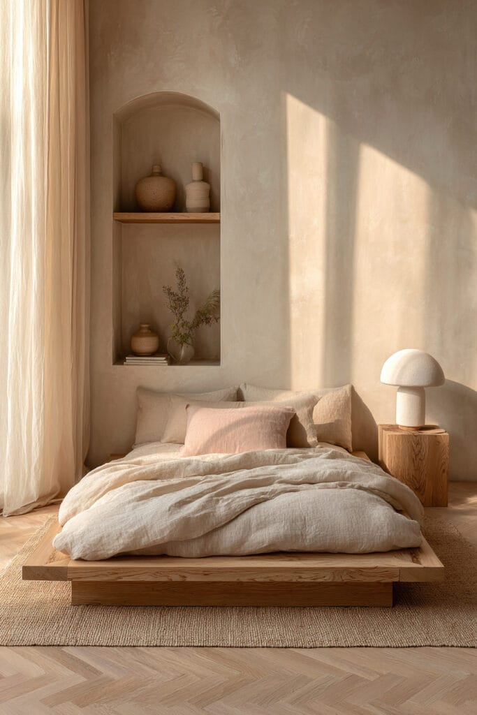 Light Japandi bedroom with low wood platform bed, neutral linen bedding, textured plaster wall, and soft natural sunlight