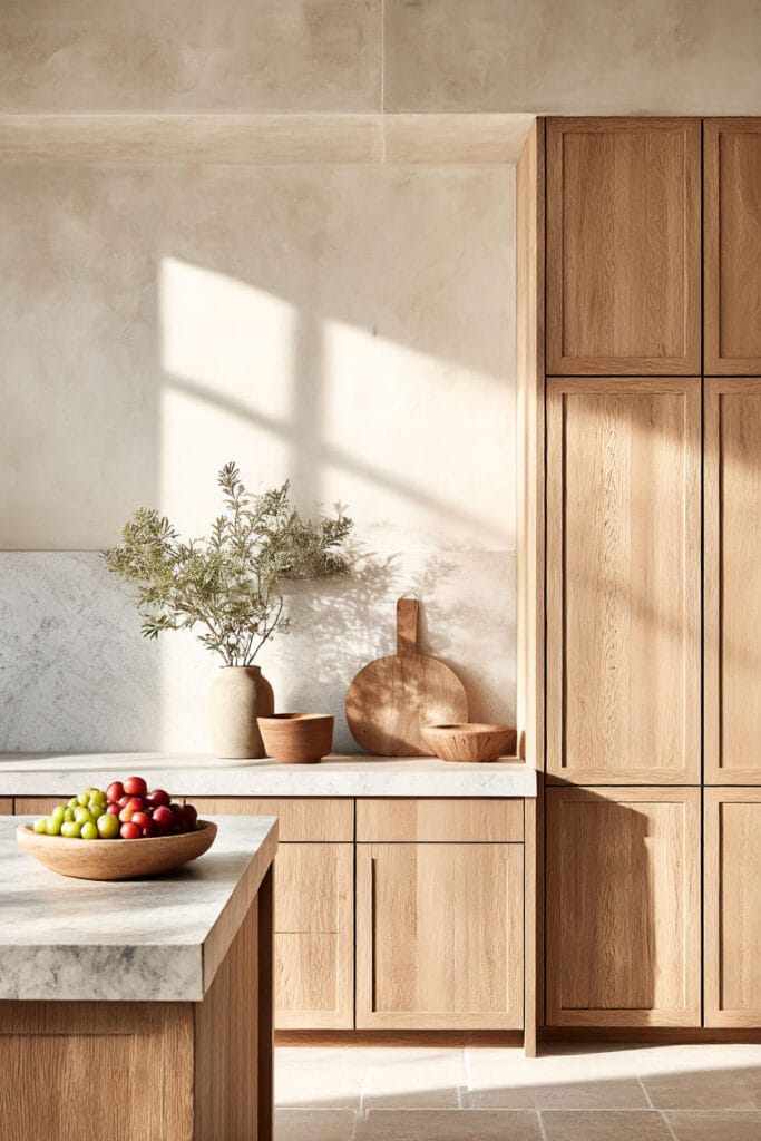 light wood kitchen cabinets with marble countertop, neutral backsplash, and warm organic modern kitchen design with natural light