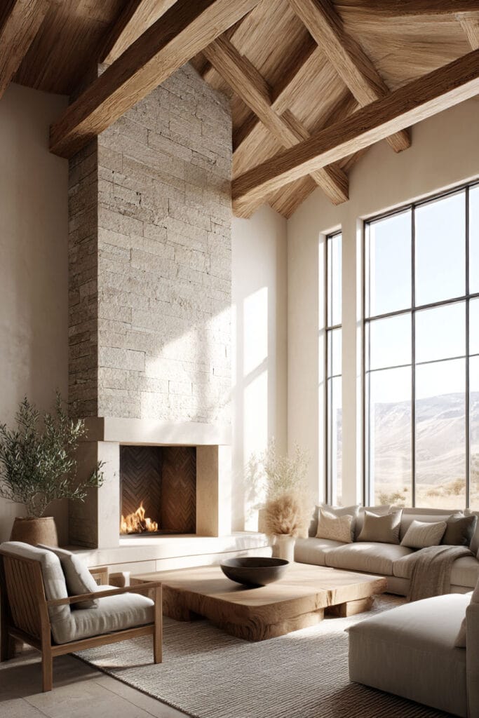 Organic modern living room with tall stone fireplace, exposed wood beam ceiling, large windows, and warm neutral furniture showcasing natural materials.