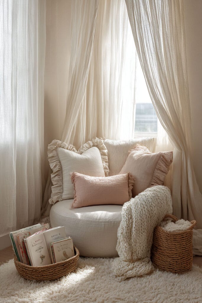 Neutral little girls bedroom reading corner with round chair, blush pillows, soft curtains, basket of children's books, and cozy knit blanket.