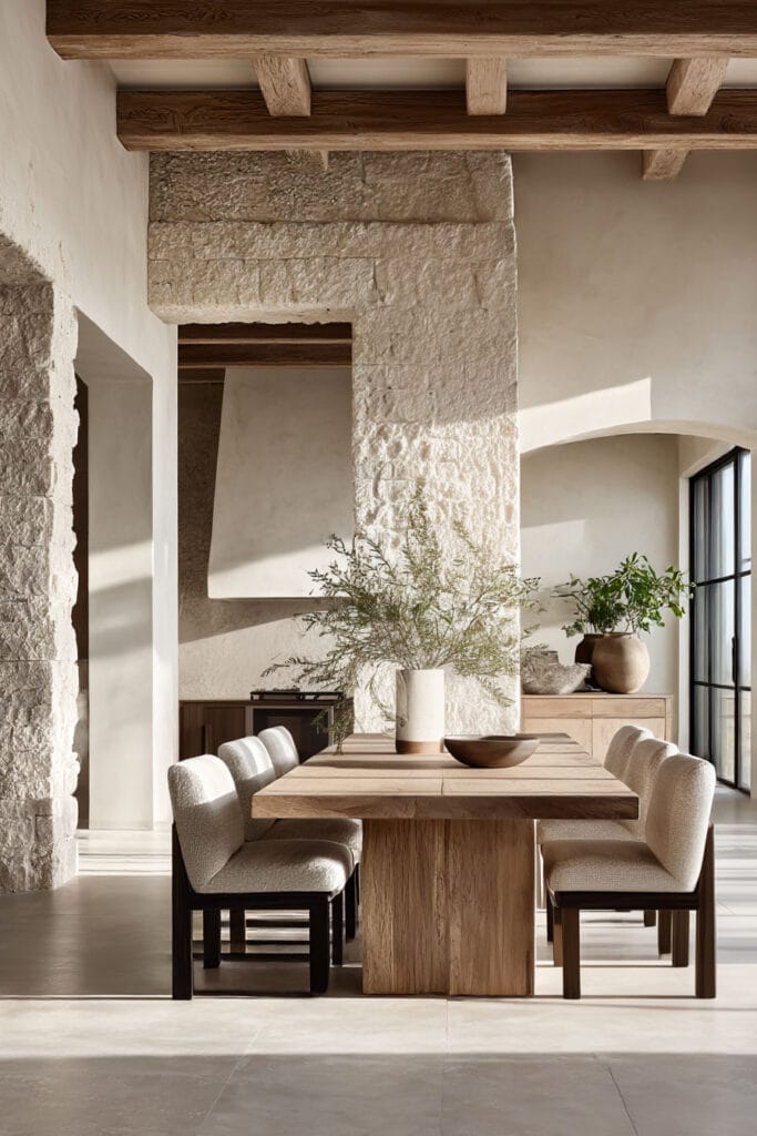 Organic modern dining room with textured stone walls, rustic wood ceiling beams, natural wood dining table, and upholstered neutral chairs.