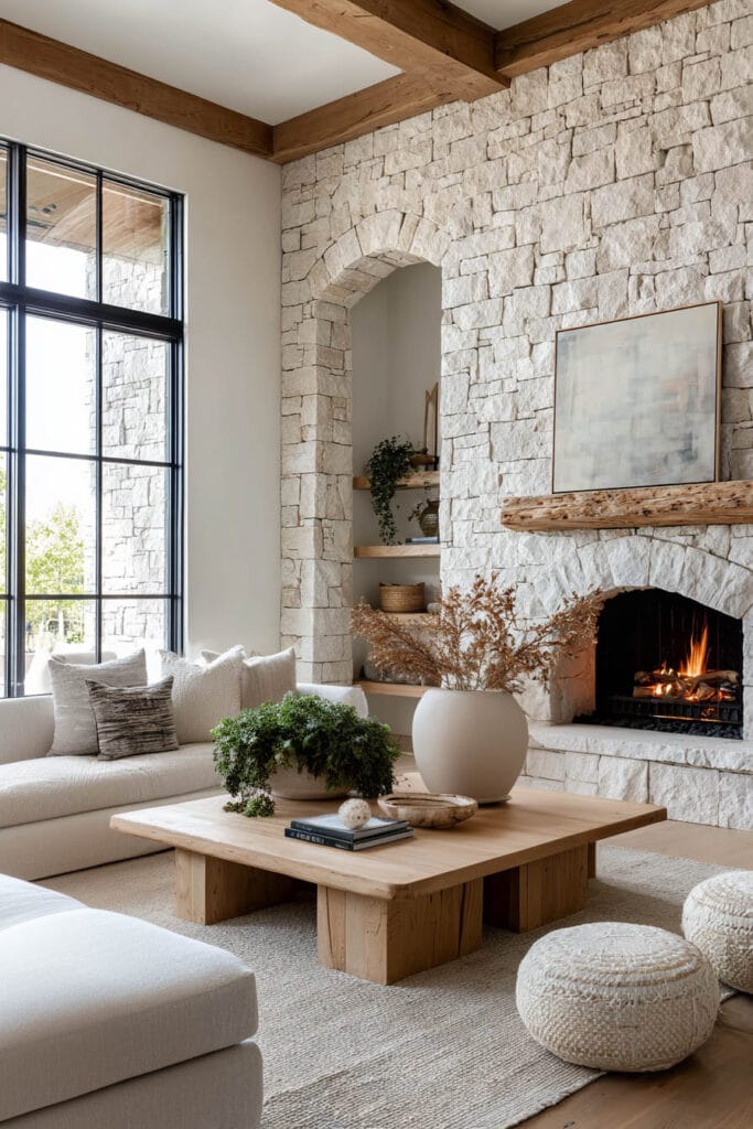 Organic modern living room with textured stone wall, arched niche shelving, wood ceiling beams, neutral sofa, and warm fireplace.