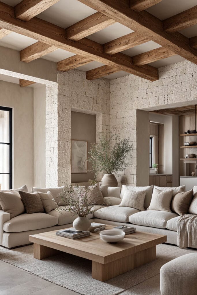 Organic modern living room with textured stone walls, exposed wood beam ceiling, linen sectional sofa, and natural wood coffee table
