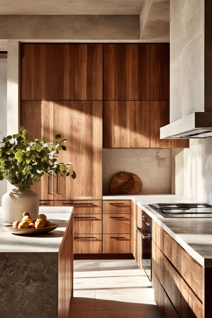 warm wood kitchen cabinets with plaster walls and natural stone countertops, organic modern kitchen design with neutral tones and sunlight