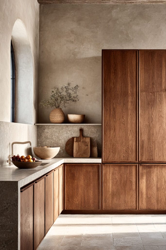 Warm wood kitchen cabinets with plaster walls, stone countertops, and earthy neutral tones in a timeless organic modern kitchen