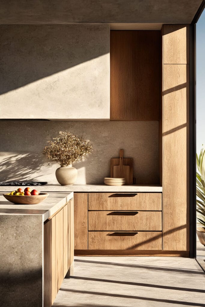 warm wood kitchen cabinets with stone countertops, neutral color palette, textured walls, and organic modern kitchen design