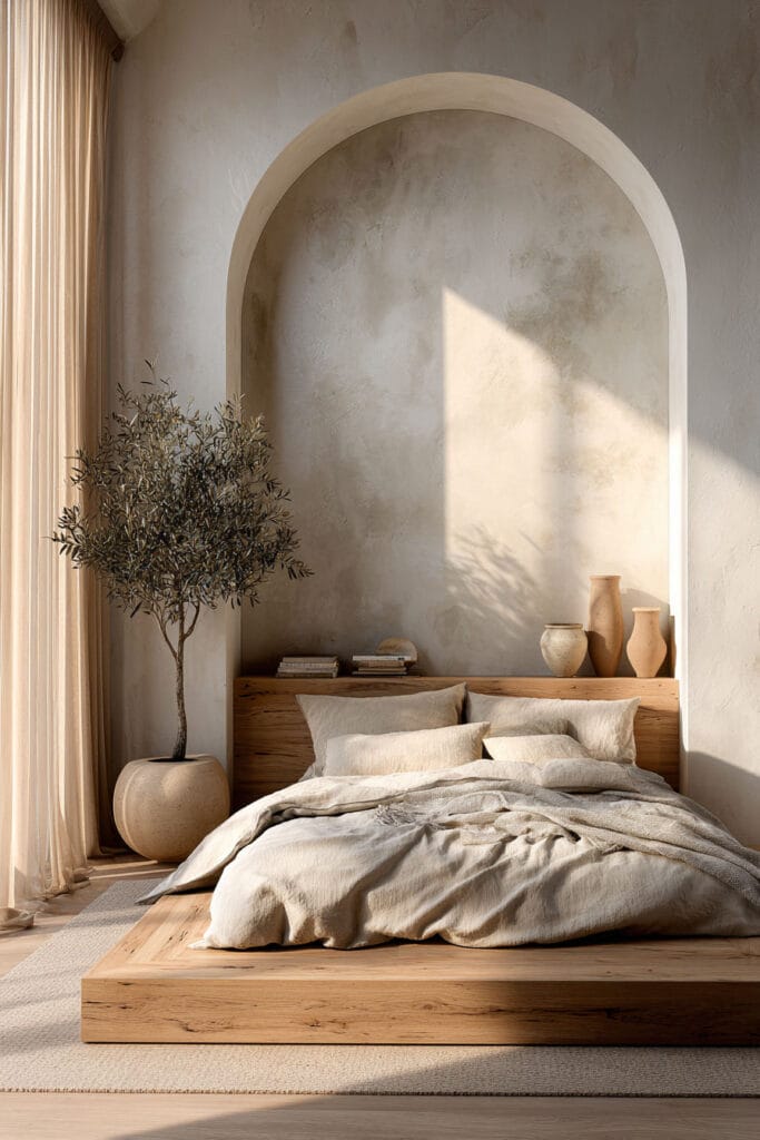 Japandi bedroom with arched wall niche, low wooden platform bed, neutral linen bedding, olive tree, and warm natural sunlight