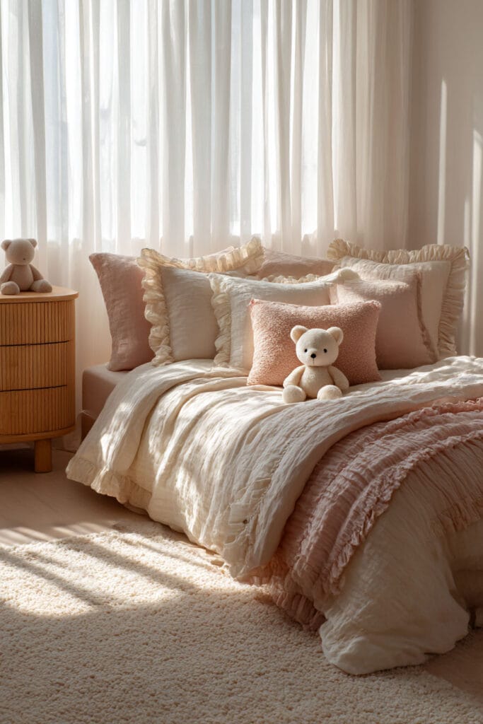 Blush and neutral little girls bedroom with layered ruffled pillows, soft bedding, plush teddy bear, and warm sunlight through sheer curtains.