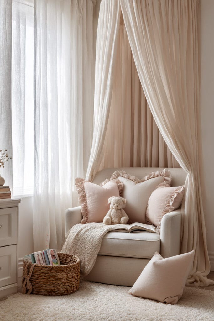 Cozy little girl’s bedroom reading corner with a soft armchair under a sheer canopy, blush pillows, teddy bear, and basket of children’s books.
