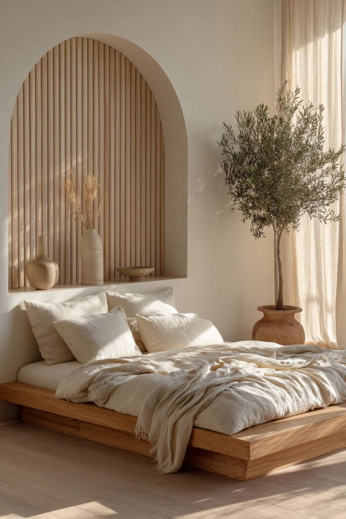 Japandi bedroom with arched wall niche, wood slat detail, neutral linen bedding, low platform bed, and olive tree in ceramic pot