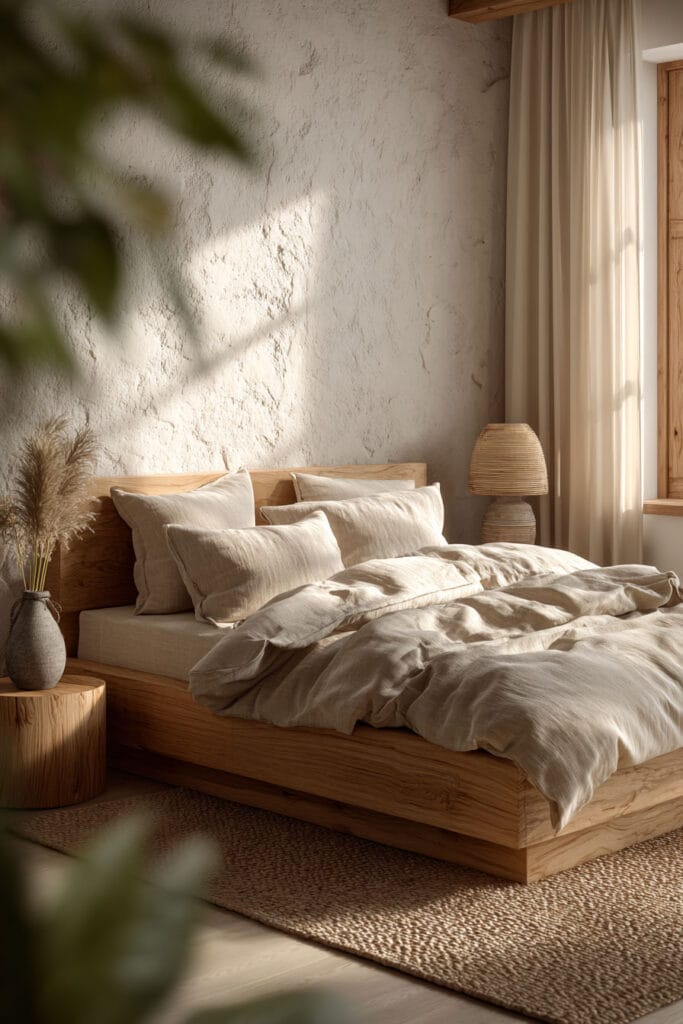Japandi bedroom with light wood platform bed, neutral linen bedding, textured plaster wall, woven rug, and soft natural light