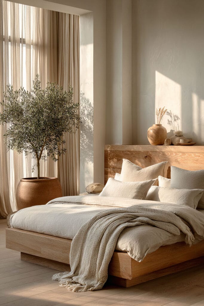 Japandi bedroom with light wood platform bed, neutral linen bedding, olive tree in clay pot, and soft natural sunlight through sheer curtains