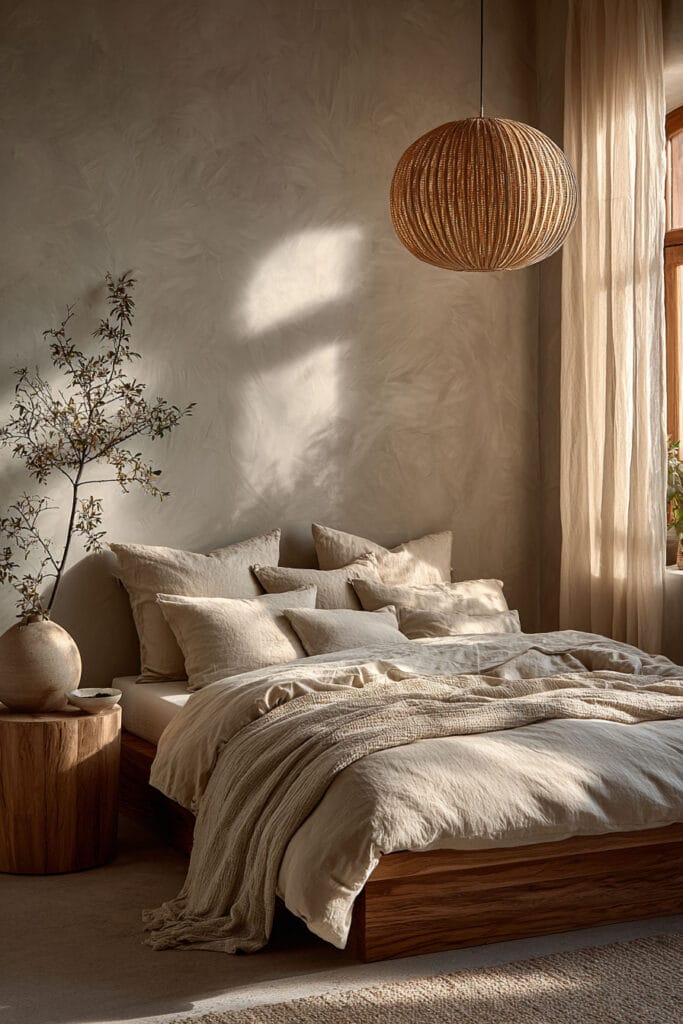 Japandi bedroom with rattan pendant light, neutral linen bedding, plaster wall, and soft natural window light