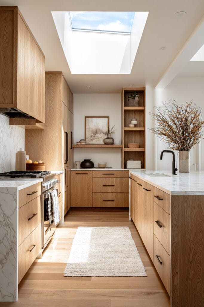 light oak kitchen cabinets with marble countertops, skylight, and open shelving in a bright organic modern kitchen design