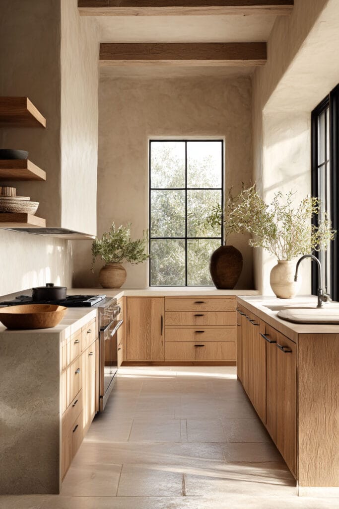 light warm wood kitchen cabinets with plaster walls, natural stone countertops, and organic modern neutral kitchen design