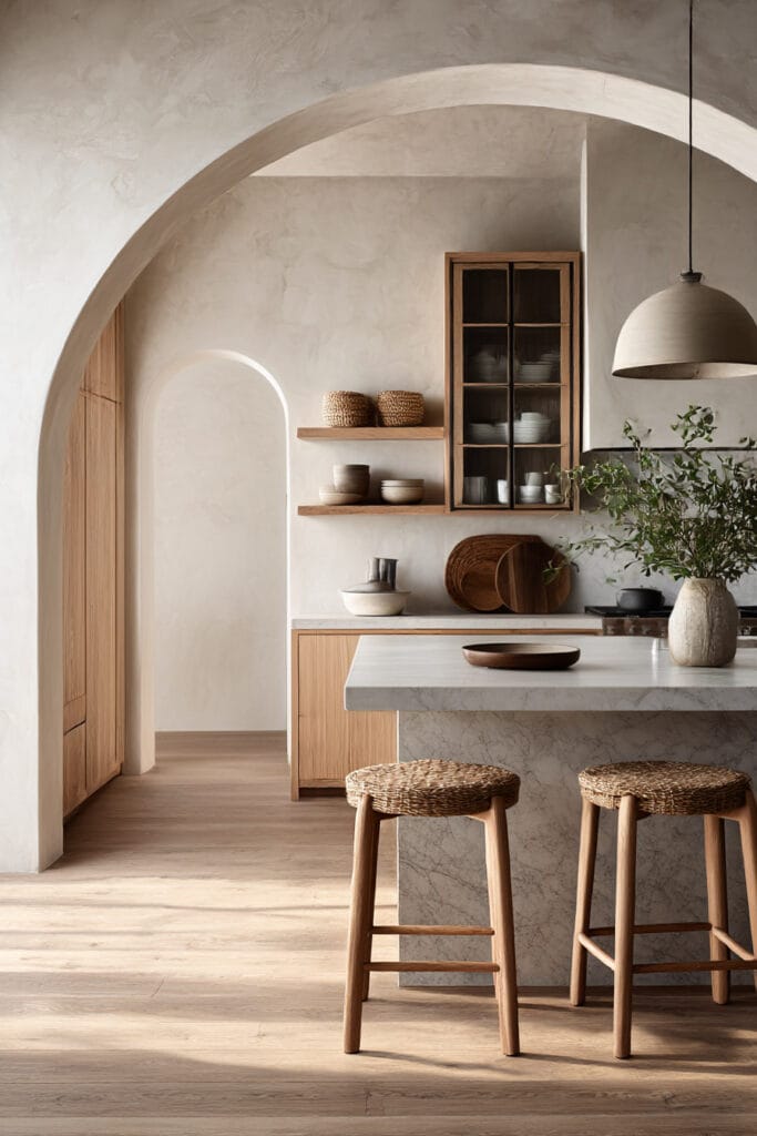 Light wood kitchen cabinets with marble island, arched doorway, open shelving, and neutral organic modern kitchen design