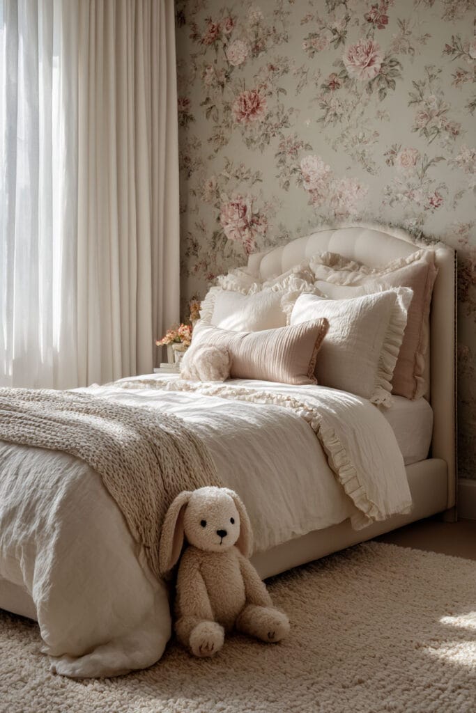 Little girls bedroom with floral wallpaper, cream bedding, blush pillows, ruffled bedding, and plush bunny toy in a cozy neutral room.