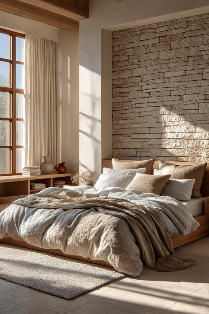 Organic modern bedroom with stone accent wall, warm wood bed frame, linen bedding, and soft neutral decor highlighting natural materials.