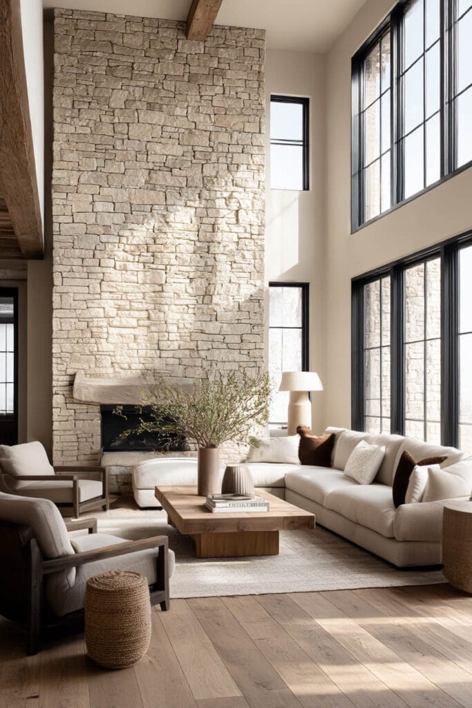 Organic modern living room with floor-to-ceiling stone fireplace, large windows, warm wood floors, neutral sofa, and natural sunlight.