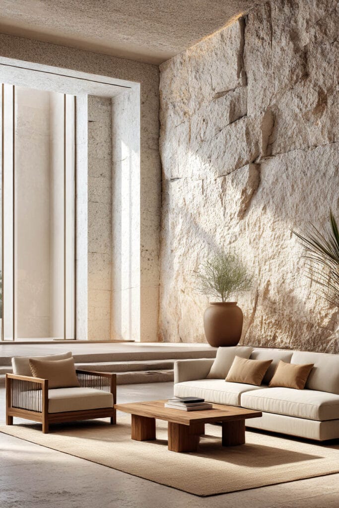 Organic modern living room with textured stone wall, natural wood coffee table and chair, neutral sofa, and soft natural sunlight.