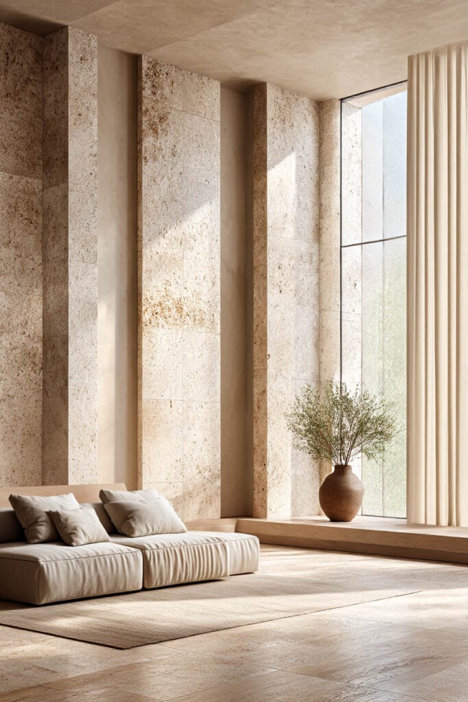 Organic modern living room with textured stone walls, low neutral sofa, large window, and earthy natural materials