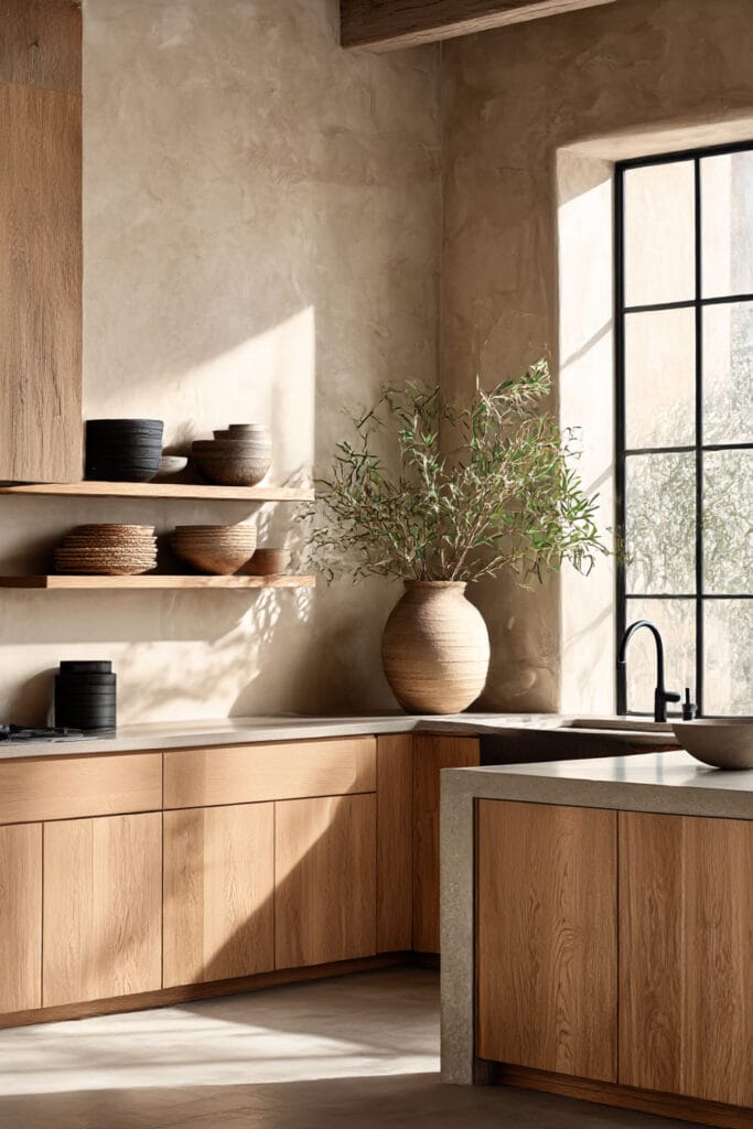 warm wood kitchen cabinets with open shelving, textured plaster walls, neutral tones, and natural light modern kitchen design
