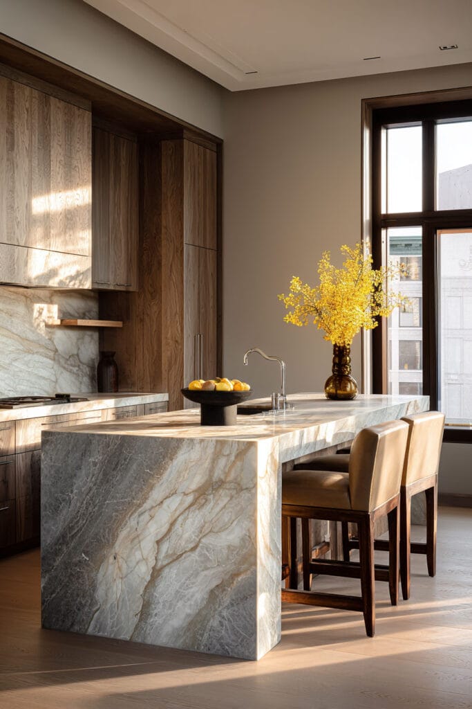 Organic modern kitchen with stone waterfall island, warm wood cabinetry, marble backsplash, and natural light highlighting natural materials.