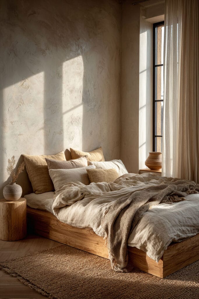 Japandi bedroom with light wood platform bed, neutral linen bedding, textured plaster wall, and soft sunlight through sheer curtains
