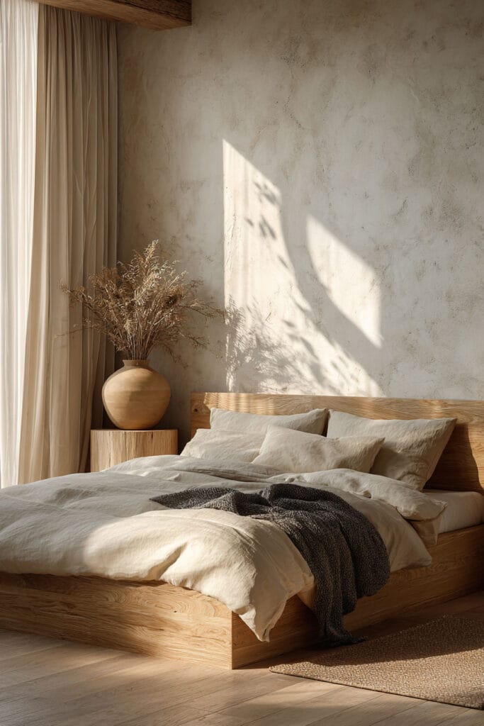 Japandi bedroom with light wood platform bed, neutral linen bedding, plaster wall, and soft natural sunlight