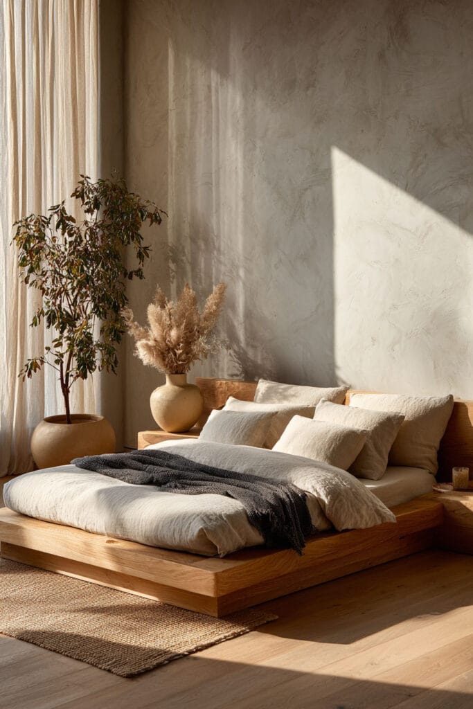Japandi bedroom with low wood platform bed, neutral linen bedding, pampas grass decor, textured plaster wall, and warm natural sunlight