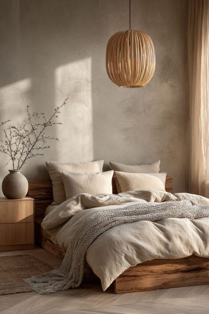 Japandi bedroom with rattan pendant light, neutral linen bedding, wood platform bed, plaster wall, and ceramic vase with branches