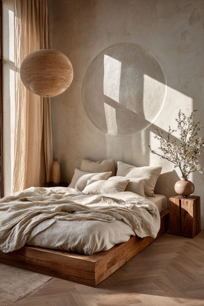 Light Japandi bedroom with low wooden bed, neutral linen bedding, paper lantern pendant, textured wall, and warm sunlight