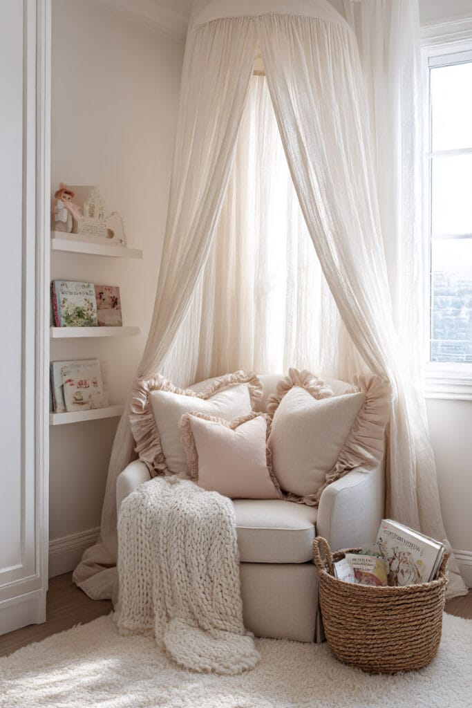 Little girl’s bedroom reading nook with cozy armchair under a sheer canopy, blush ruffle pillows, chunky knit blanket, and basket of children’s books.
