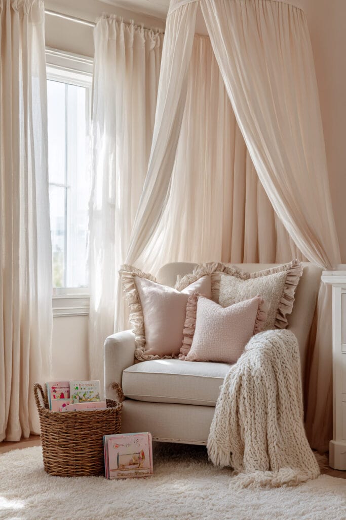 Cozy little girls bedroom reading nook with armchair, blush pillows, canopy drapes, knit throw blanket, and basket of children’s books.