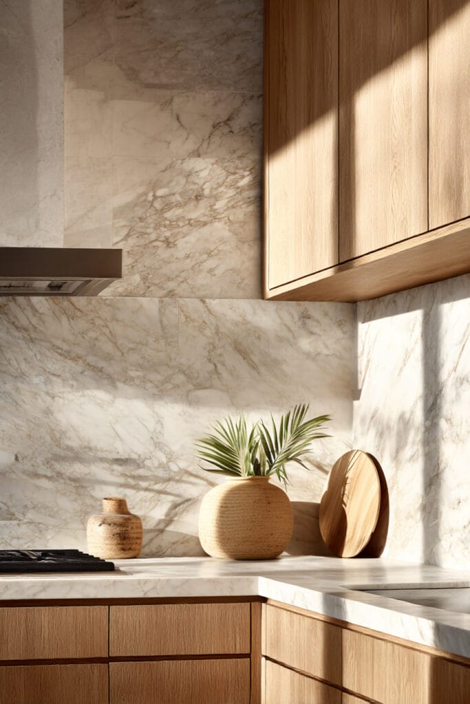 marble kitchen countertops and backsplash with light wood cabinets, natural stone kitchen design with organic modern style and neutral tones