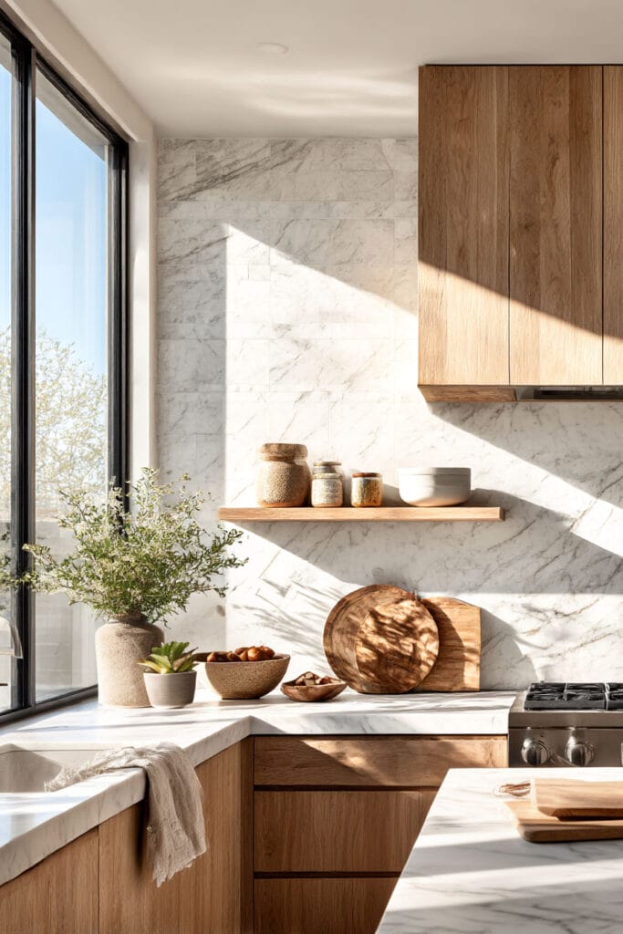 natural stone kitchen countertops with marble backsplash, warm wood cabinets, open shelf styling, and bright neutral kitchen design