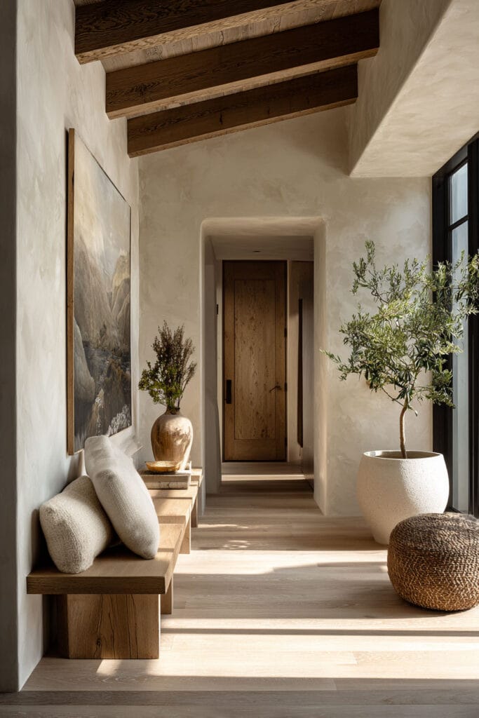 Organic modern entryway with plaster walls, exposed wood ceiling beams, built-in wood bench, and natural light highlighting warm earthy materials.