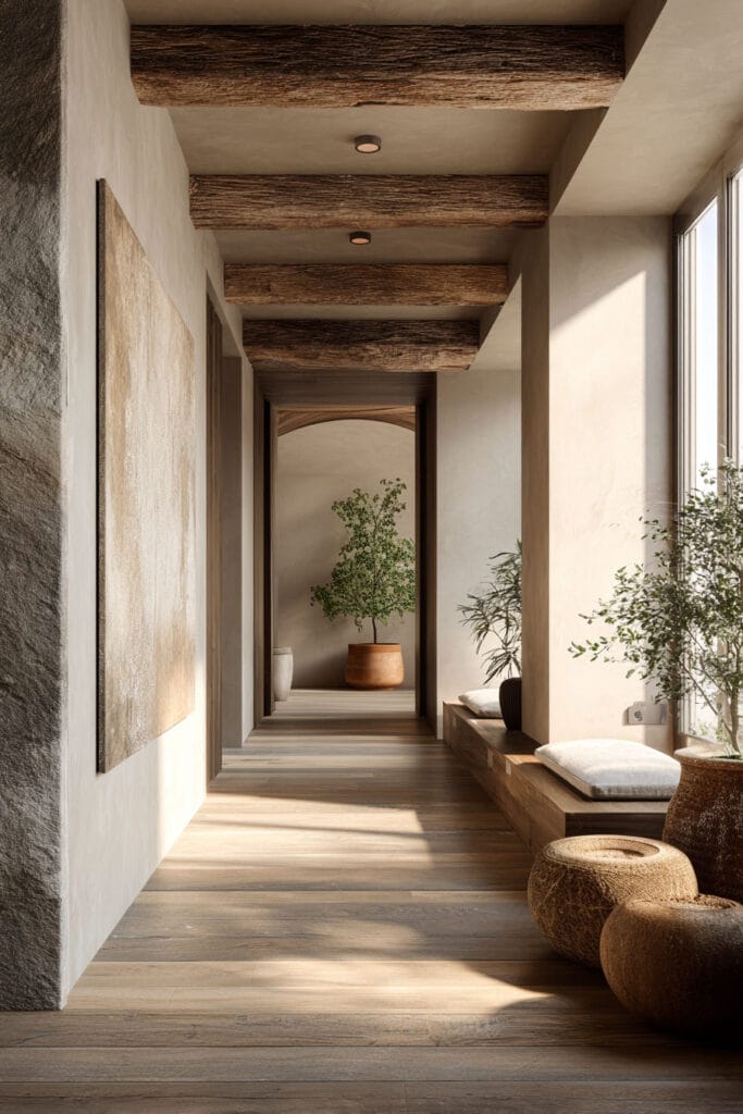 Organic modern hallway with rustic wood ceiling beams, plaster walls, wood flooring, built-in bench seating, and natural decor accents.