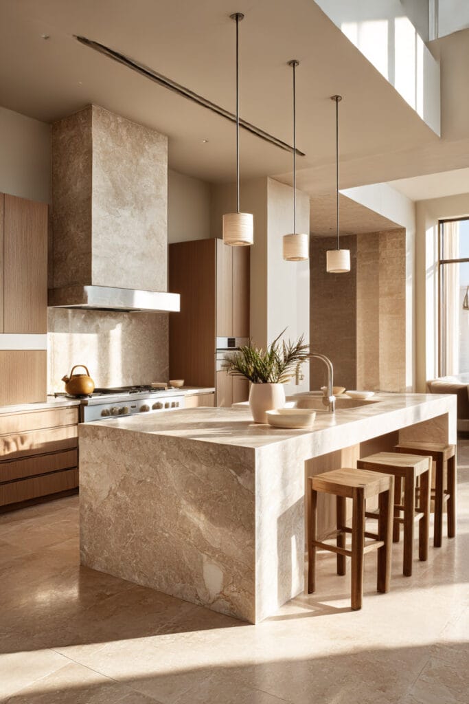 Organic modern kitchen with large stone island, warm wood cabinetry, natural pendant lights, and neutral earthy materials