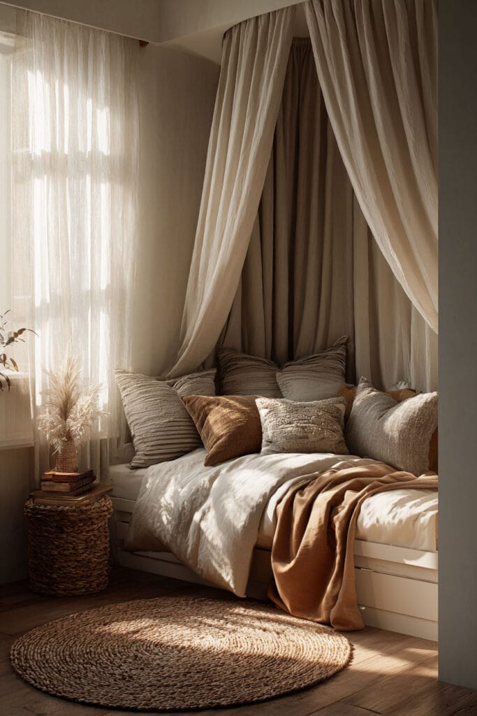 Warm neutral little girls bedroom with canopy bed, layered earthy pillows, woven rug, and soft natural sunlight through sheer curtains.