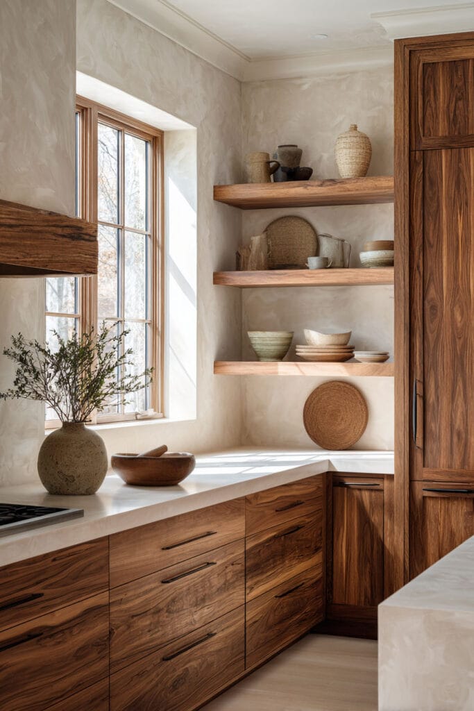warm wood kitchen cabinets with open shelving, plaster walls, and natural decor in an organic modern kitchen design
