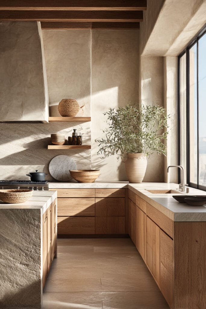 Warm wood kitchen cabinets with plaster walls, stone countertops, open shelving, and natural sunlight in an organic modern kitchen