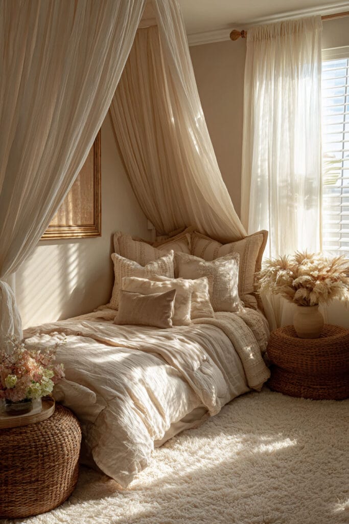 Cozy neutral little girls bedroom with canopy bed, layered neutral pillows, linen bedding, woven baskets, and warm natural sunlight.